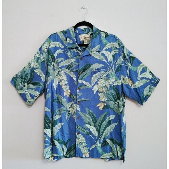 Seven Palm Brand Silk Hawaiian Shirt Men's Large Blue Short Sleeve Button Up - Picture 1 of 3